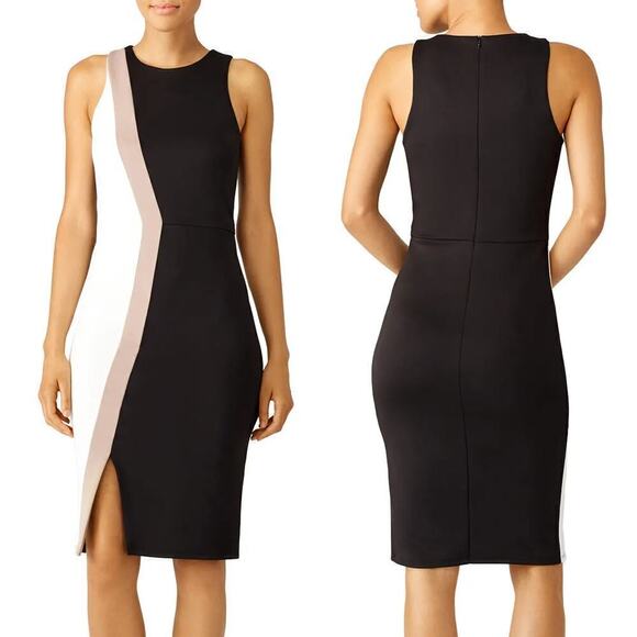 Slate & Willow Colorblock Dress Sleeveless Cutout Hem Sheath Black White Tan L - Picture 1 of 12